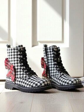 NIB  Betsey Johnson Houndstooth Combat Ruffle Boots - Size 6